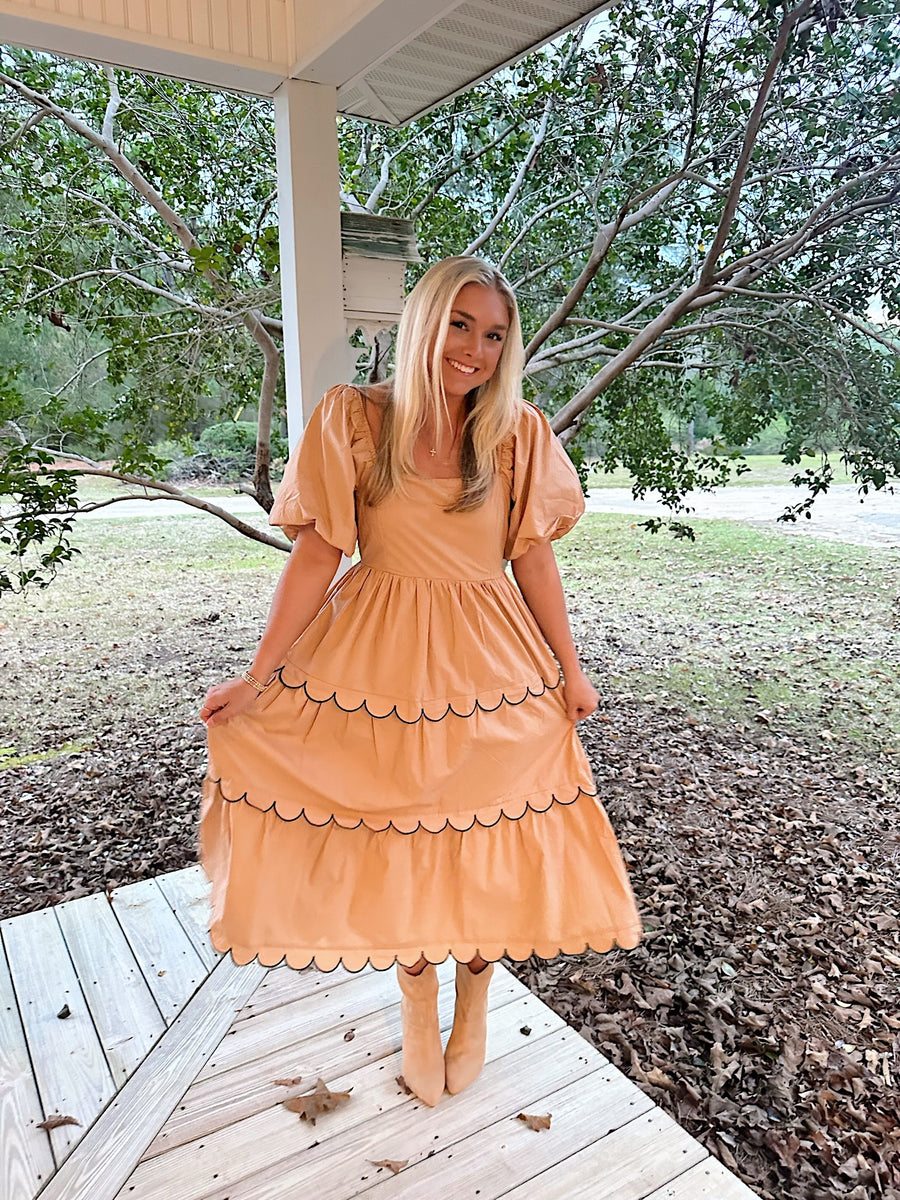 Tan and Black Scalloped Tiered Midi Dress – Shop Nineteen Boutique