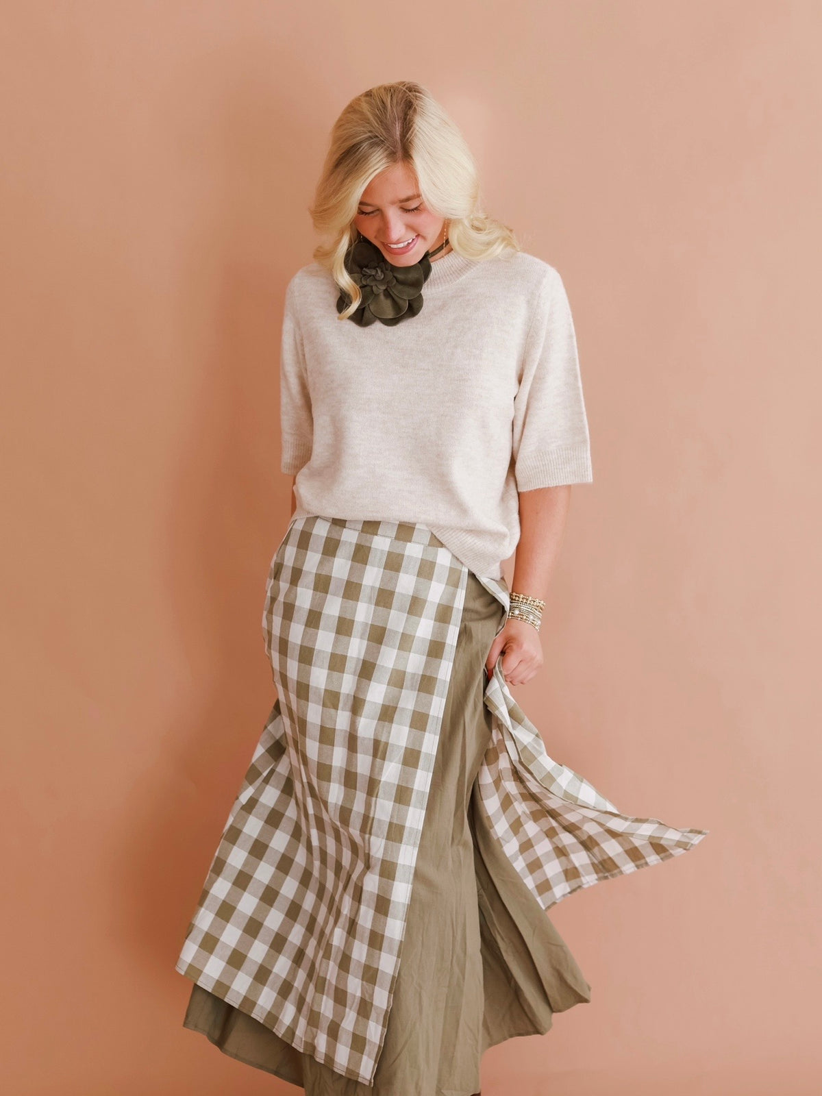 Sage Check Cotton Maxi Skirt