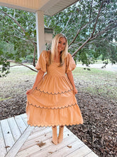 Load image into Gallery viewer, Tan and Black Scalloped Tiered Midi Dress