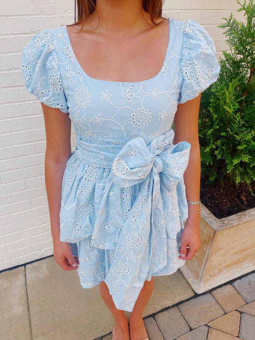 Blue & White Eyelet Mini Dress