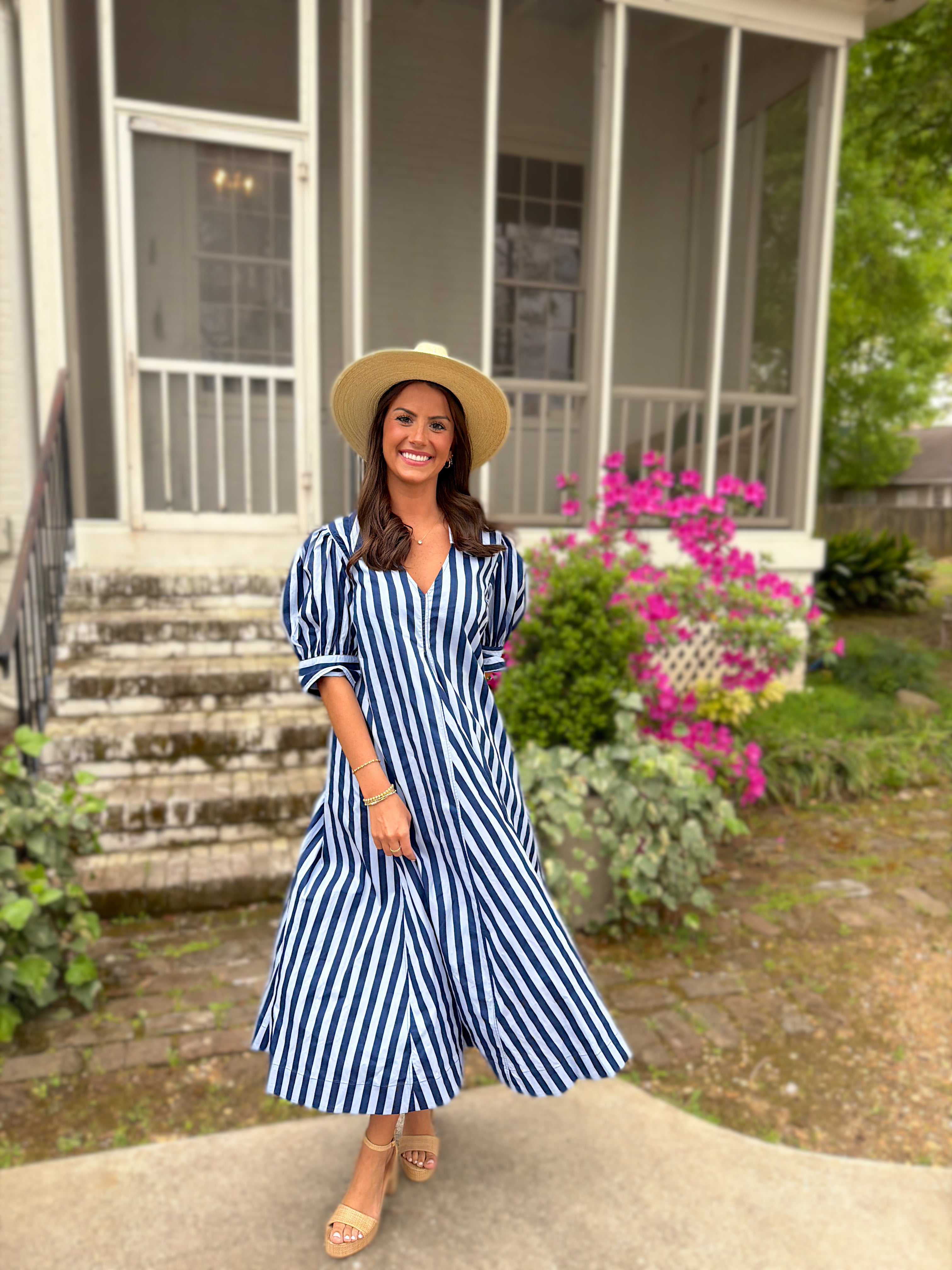Baby Blue & Navy Striped Maxi Dress