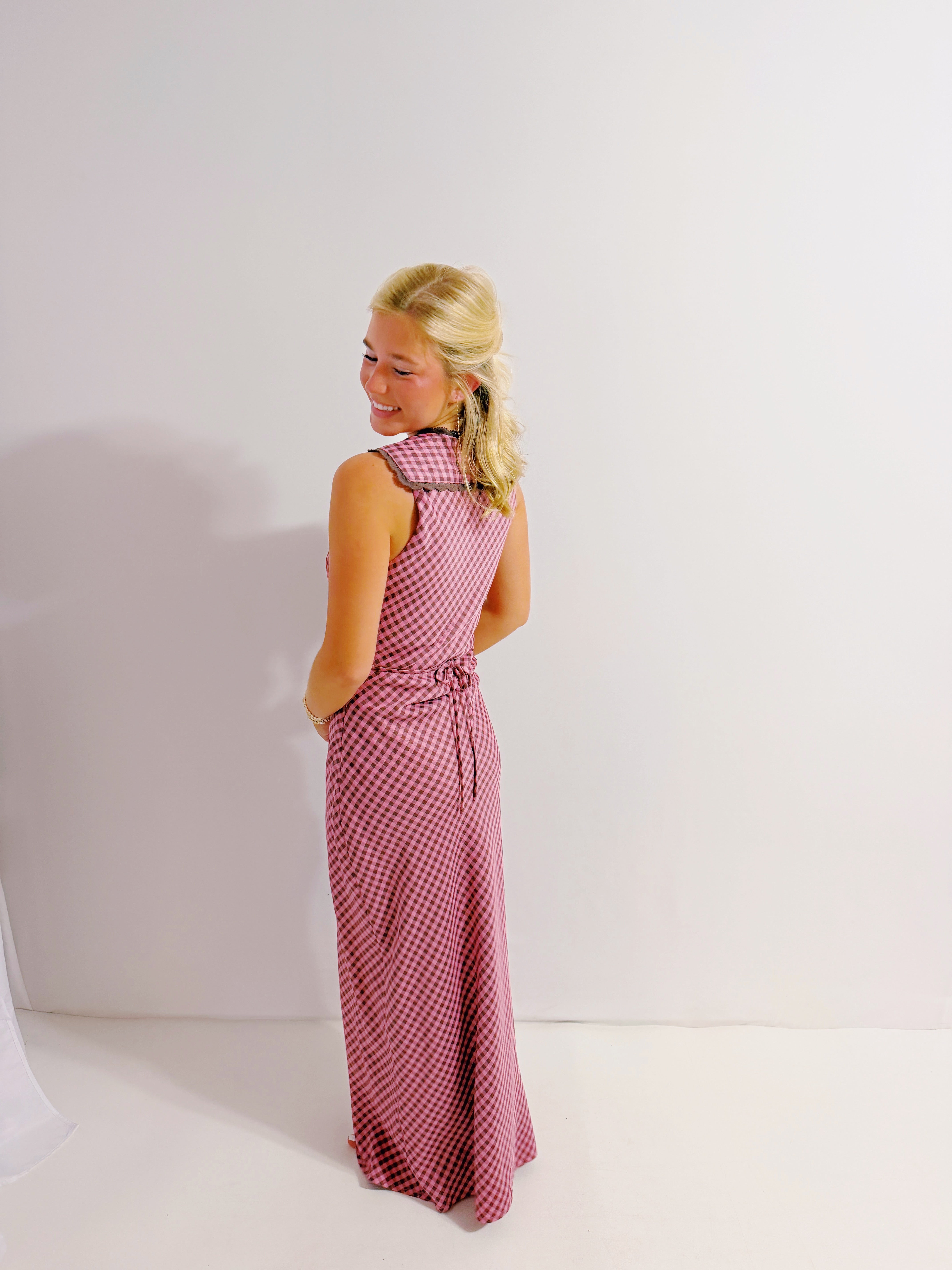 Pink & Brown Gingham Maxi Dress