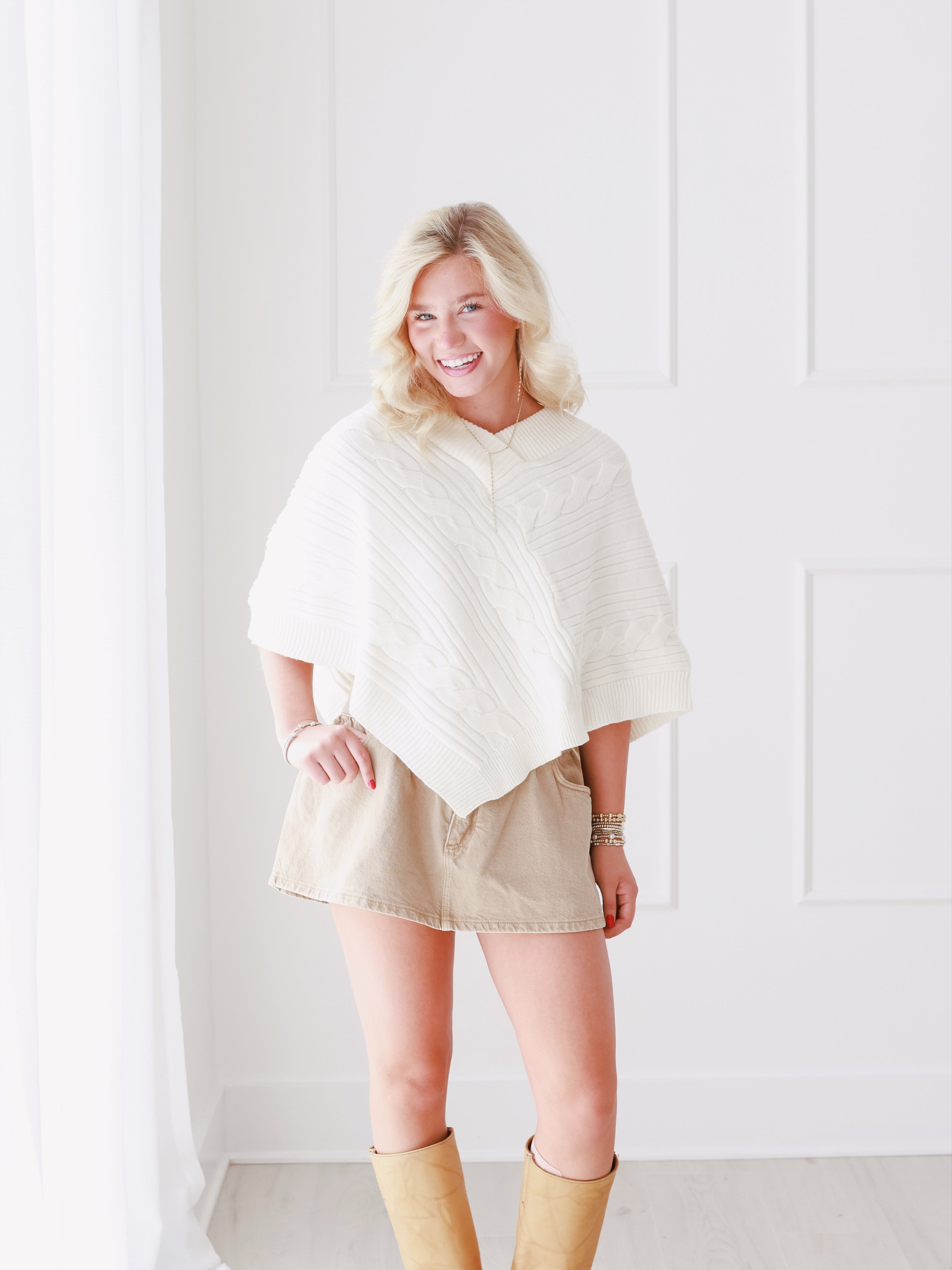 V-Neck Cable Knit Sweater Poncho