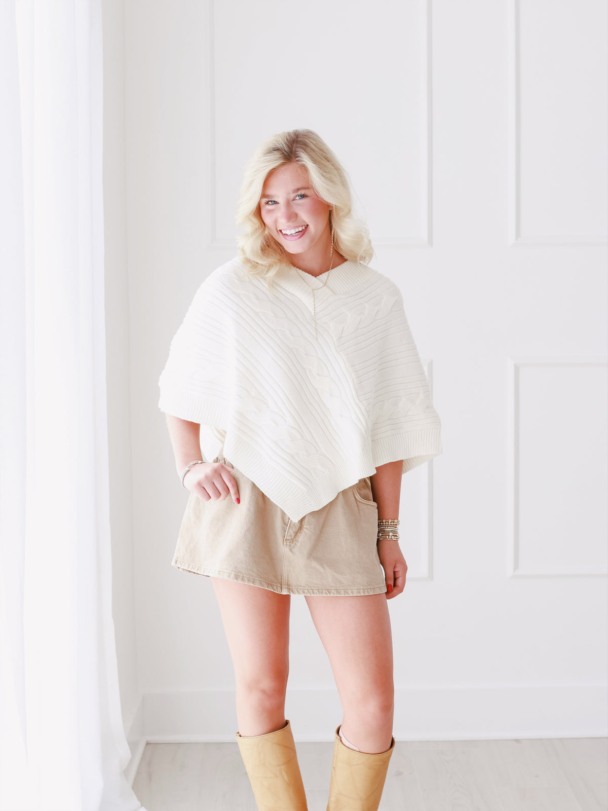 V-Neck Cable Knit Sweater Poncho