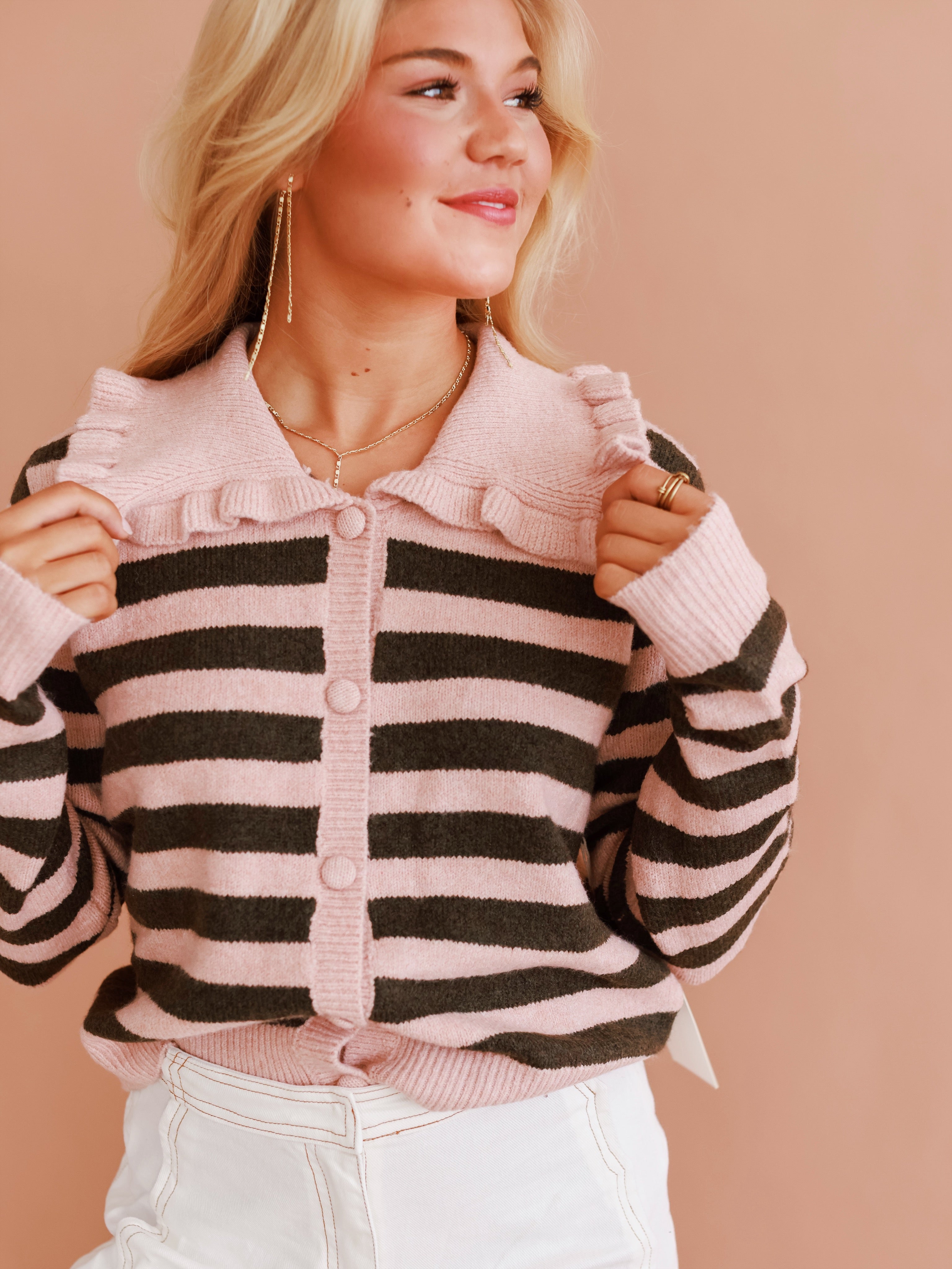 Knit Stripe Cardigan with Ruffled Collar