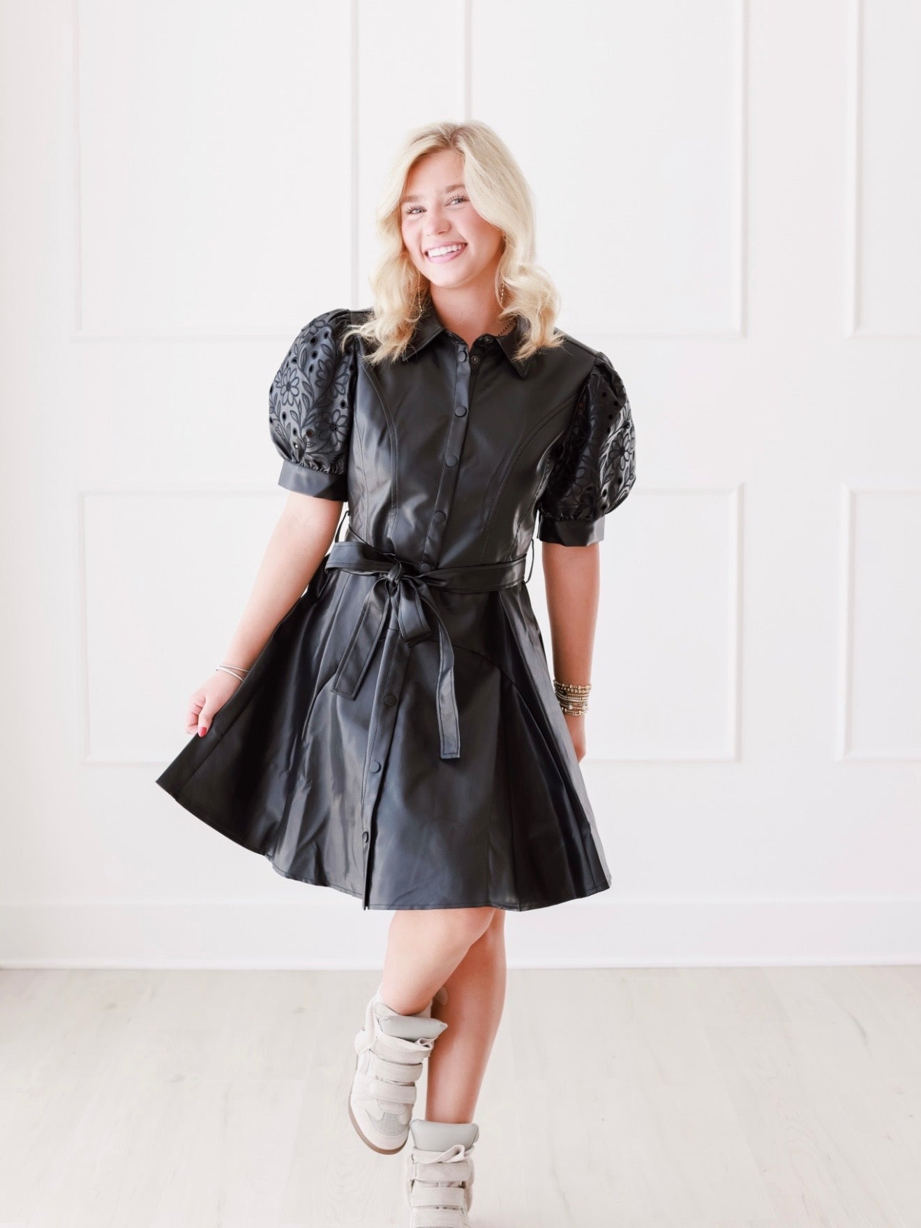 Leather Eyelet Detailed Mini Dress