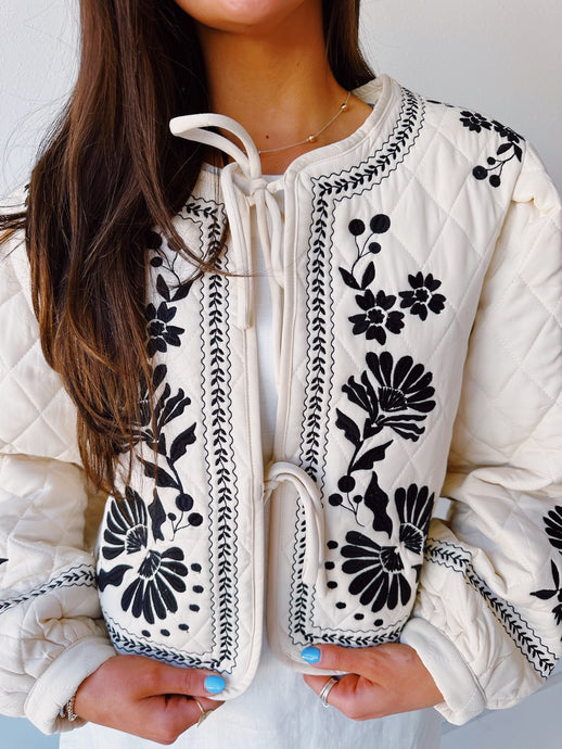 Embroidered Quilted Jacket- Taupe