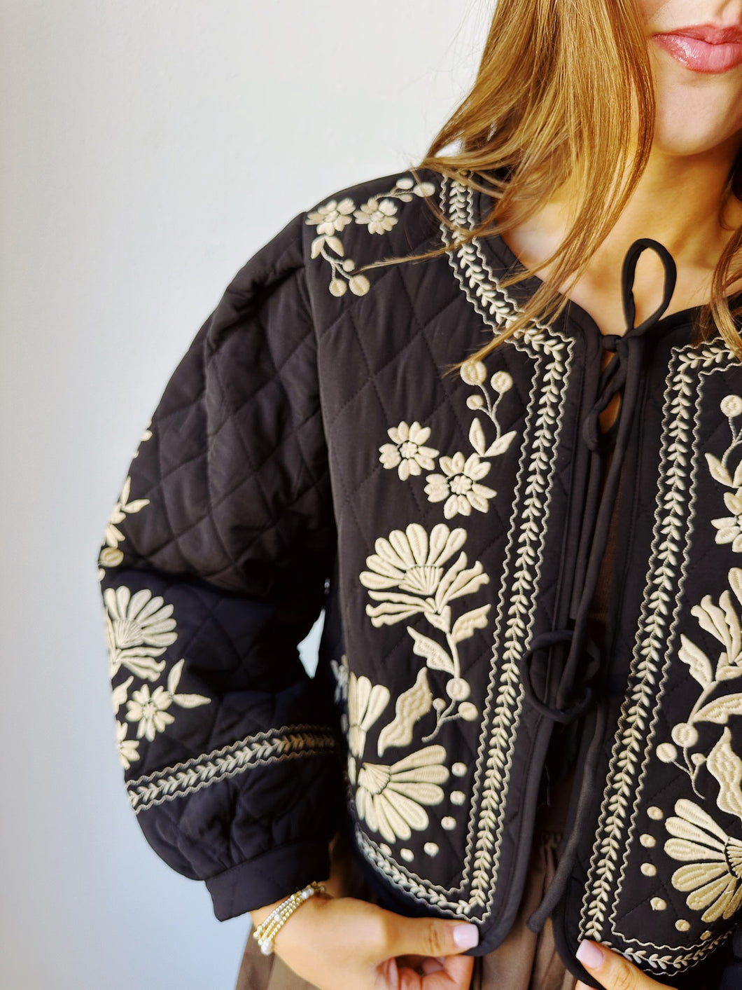 Embroidered Quilted Jacket- Black