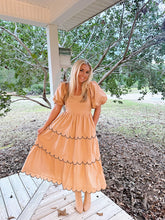 Load image into Gallery viewer, Tan and Black Scalloped Tiered Midi Dress