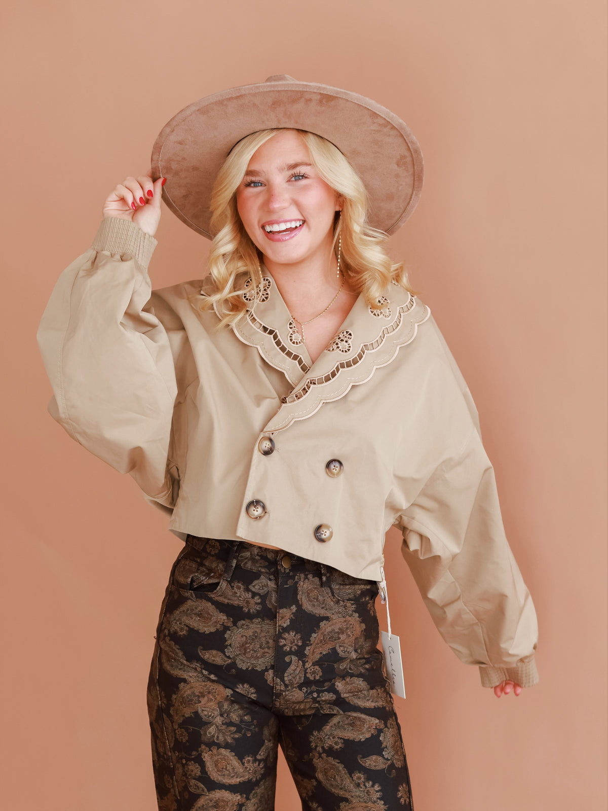 Embroidered Cropped Jacket in Khaki