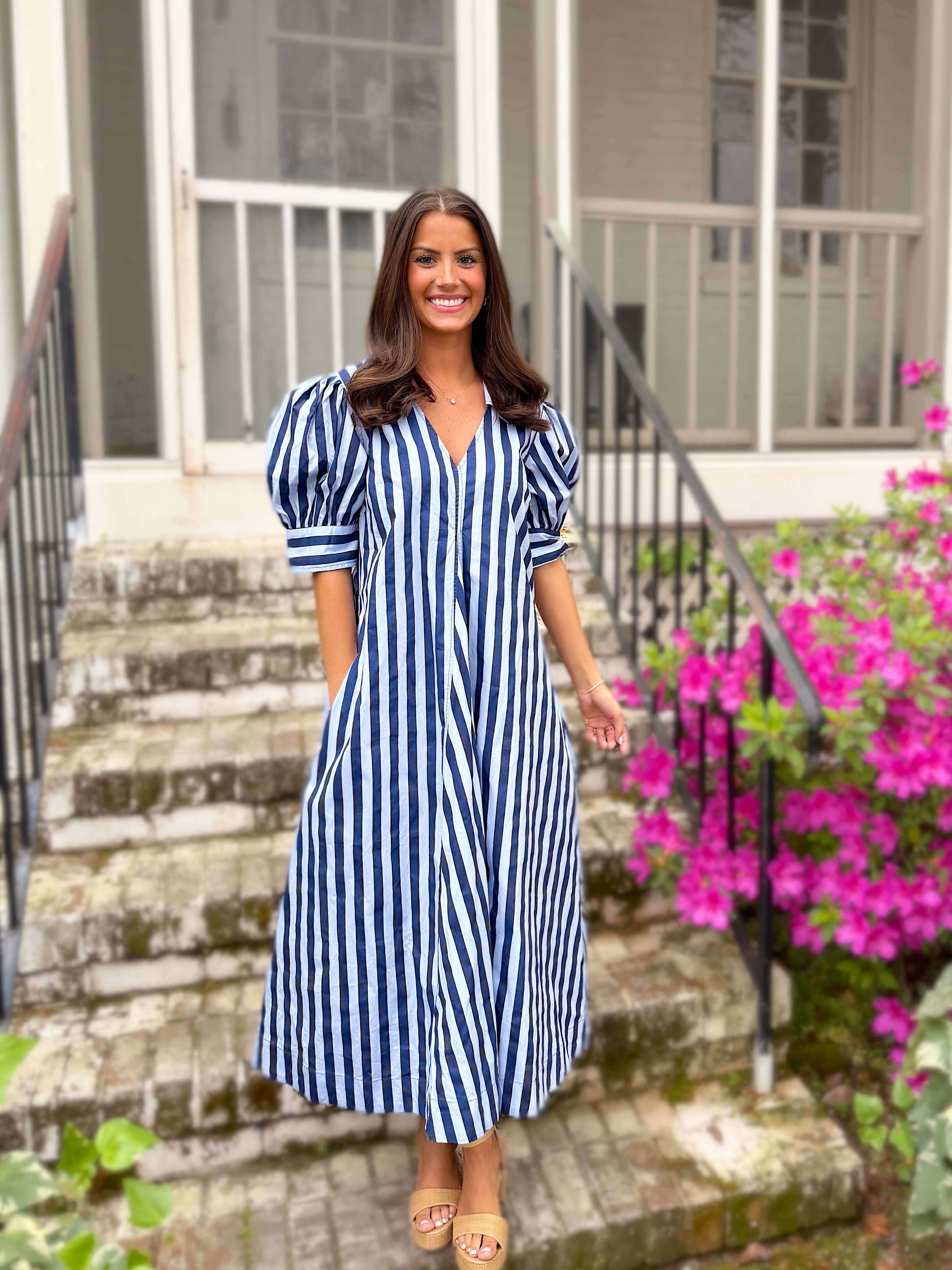 Baby Blue & Navy Striped Maxi Dress