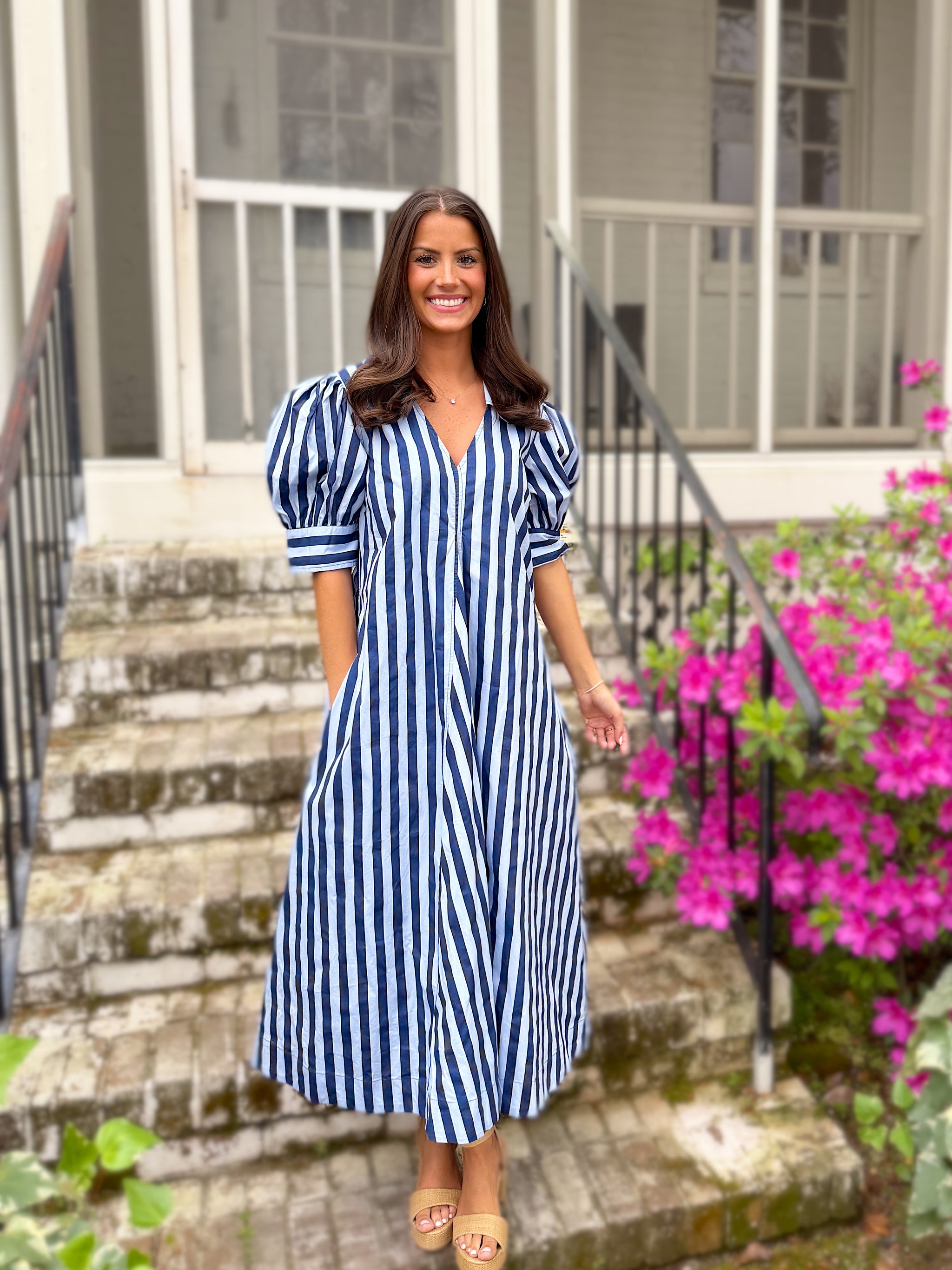 Baby Blue & Navy Striped Maxi Dress