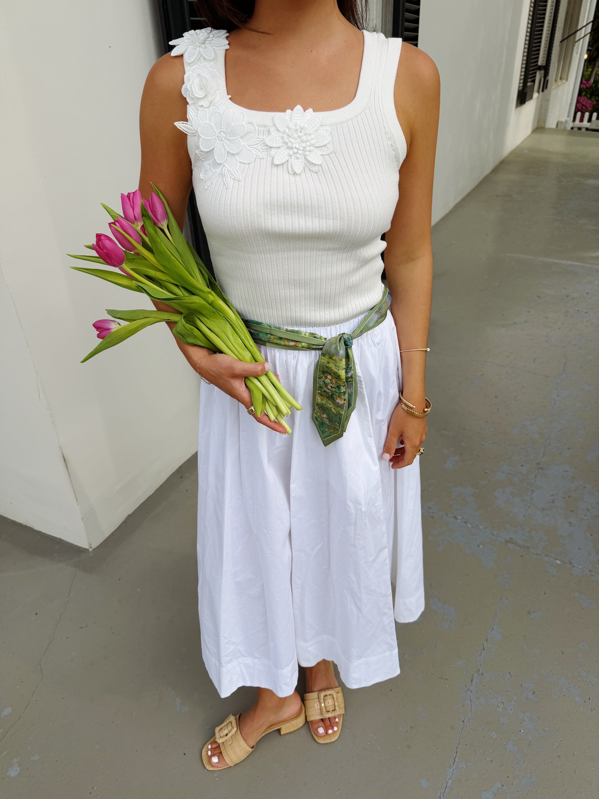 Floral Appliqué Knit Tank- White