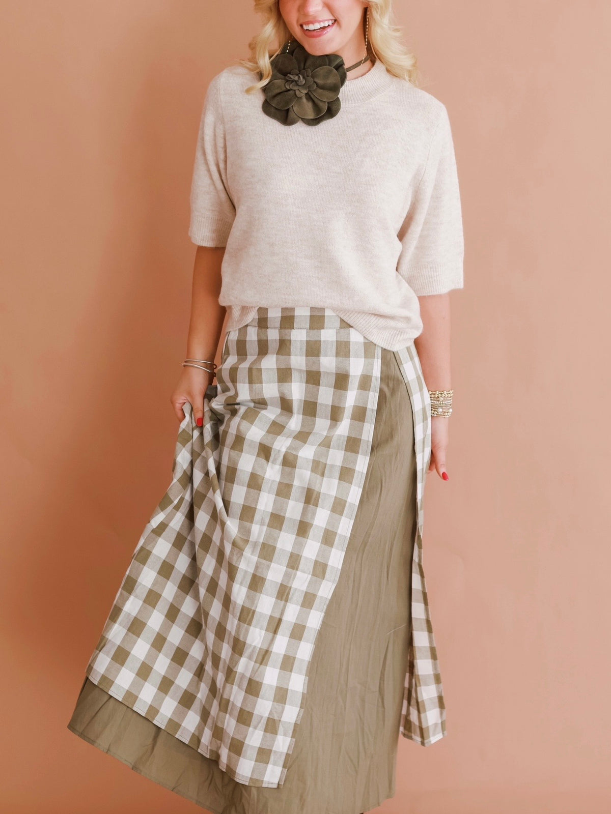 Sage Check Cotton Maxi Skirt