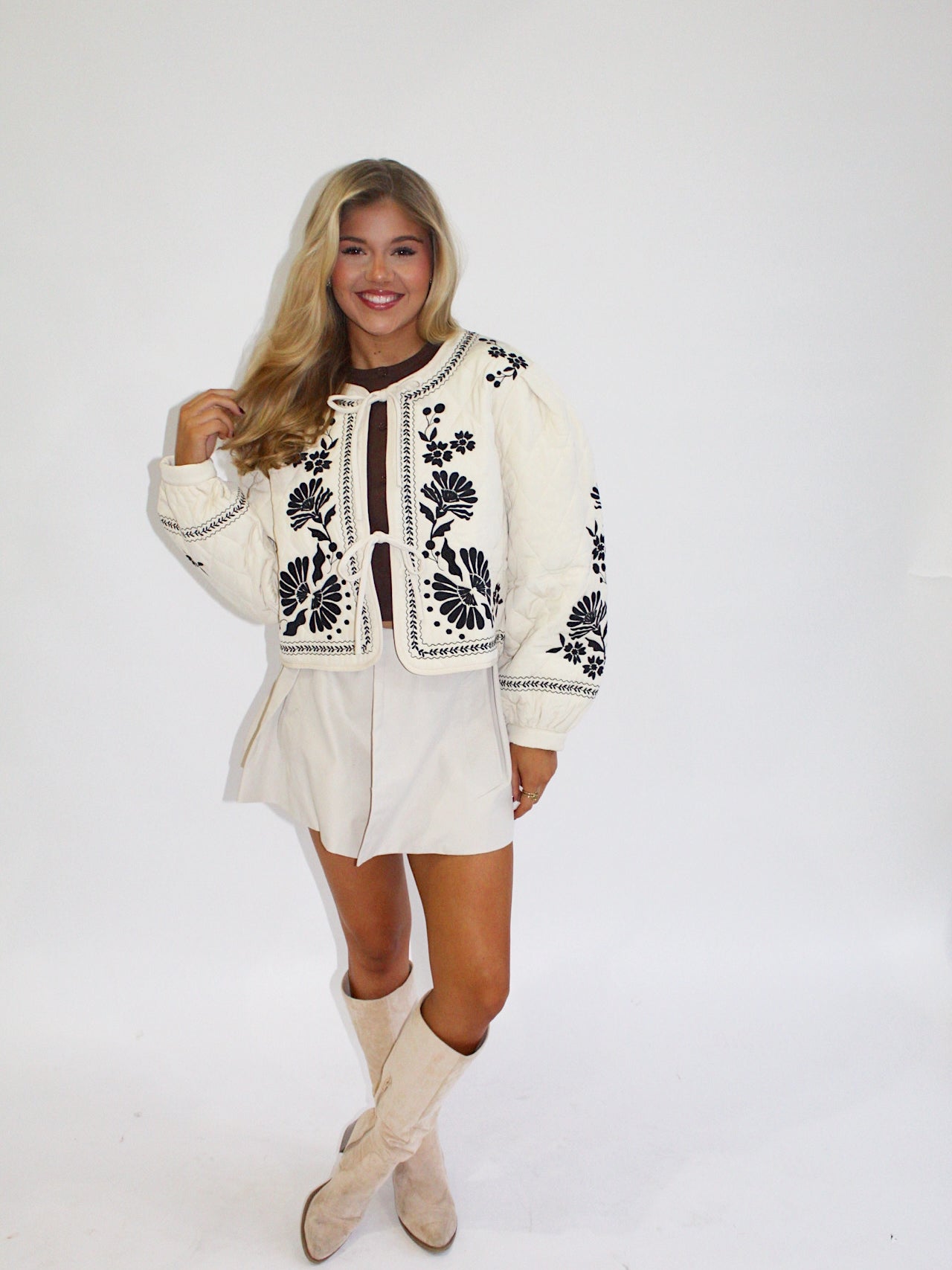 Embroidered Quilted Jacket- Taupe