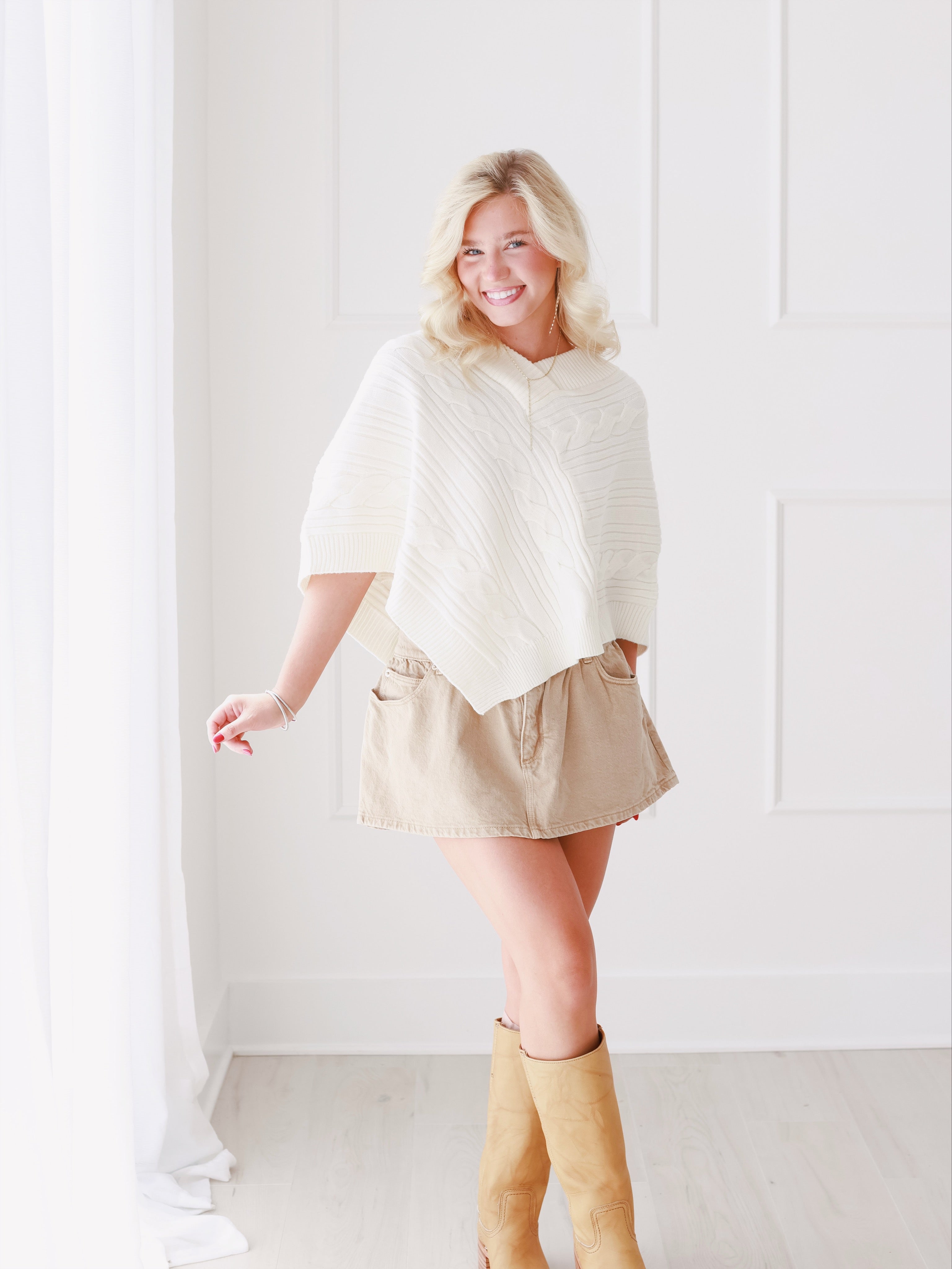 V-Neck Cable Knit Sweater Poncho