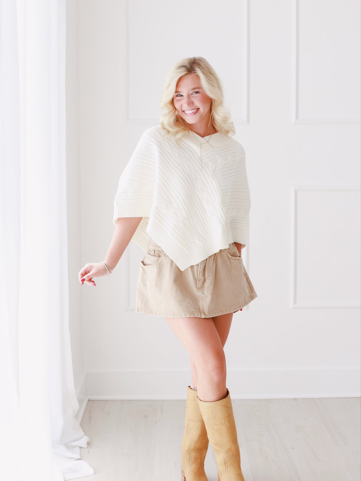 V-Neck Cable Knit Sweater Poncho
