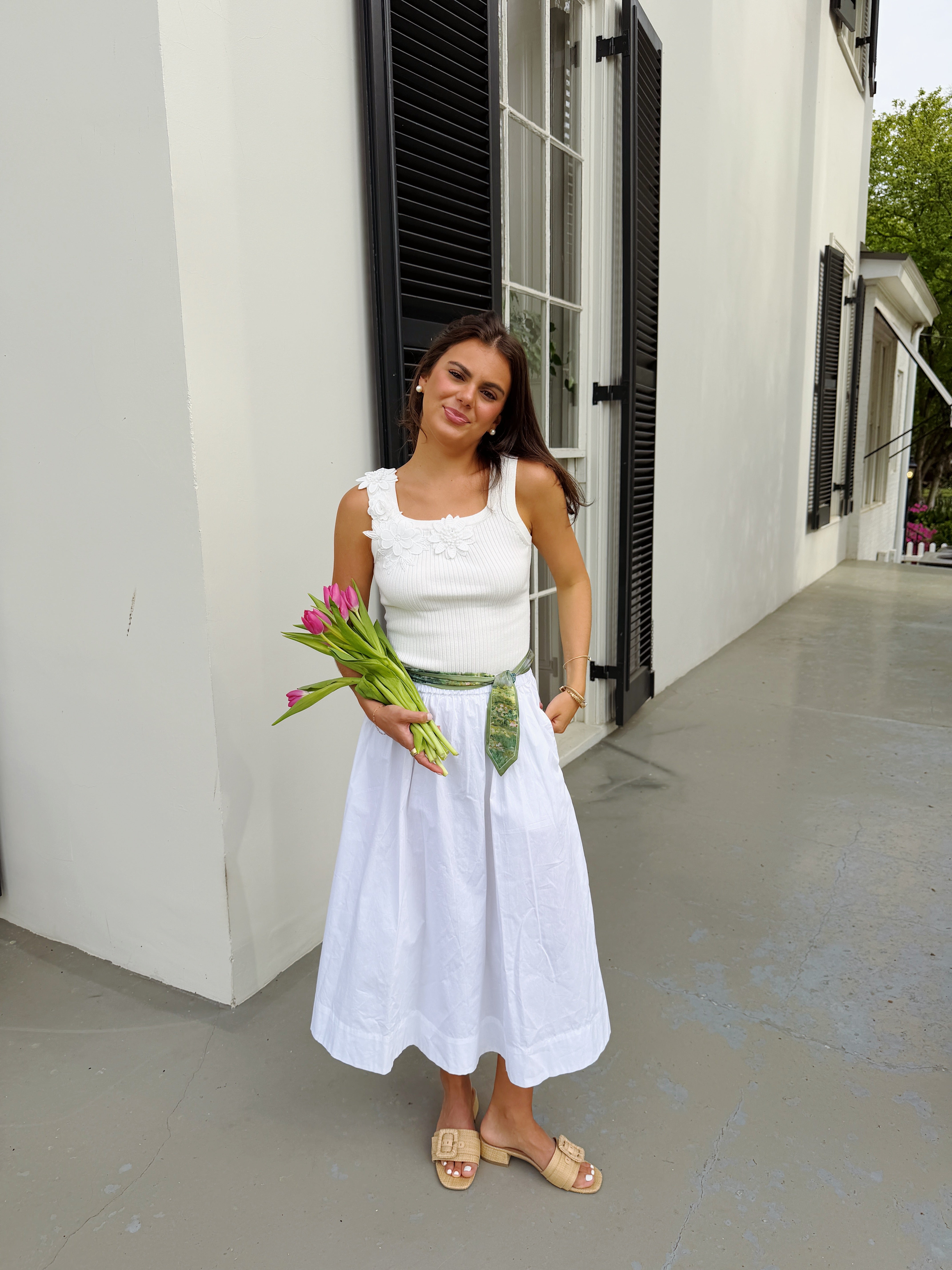 Floral Appliqué Knit Tank- White