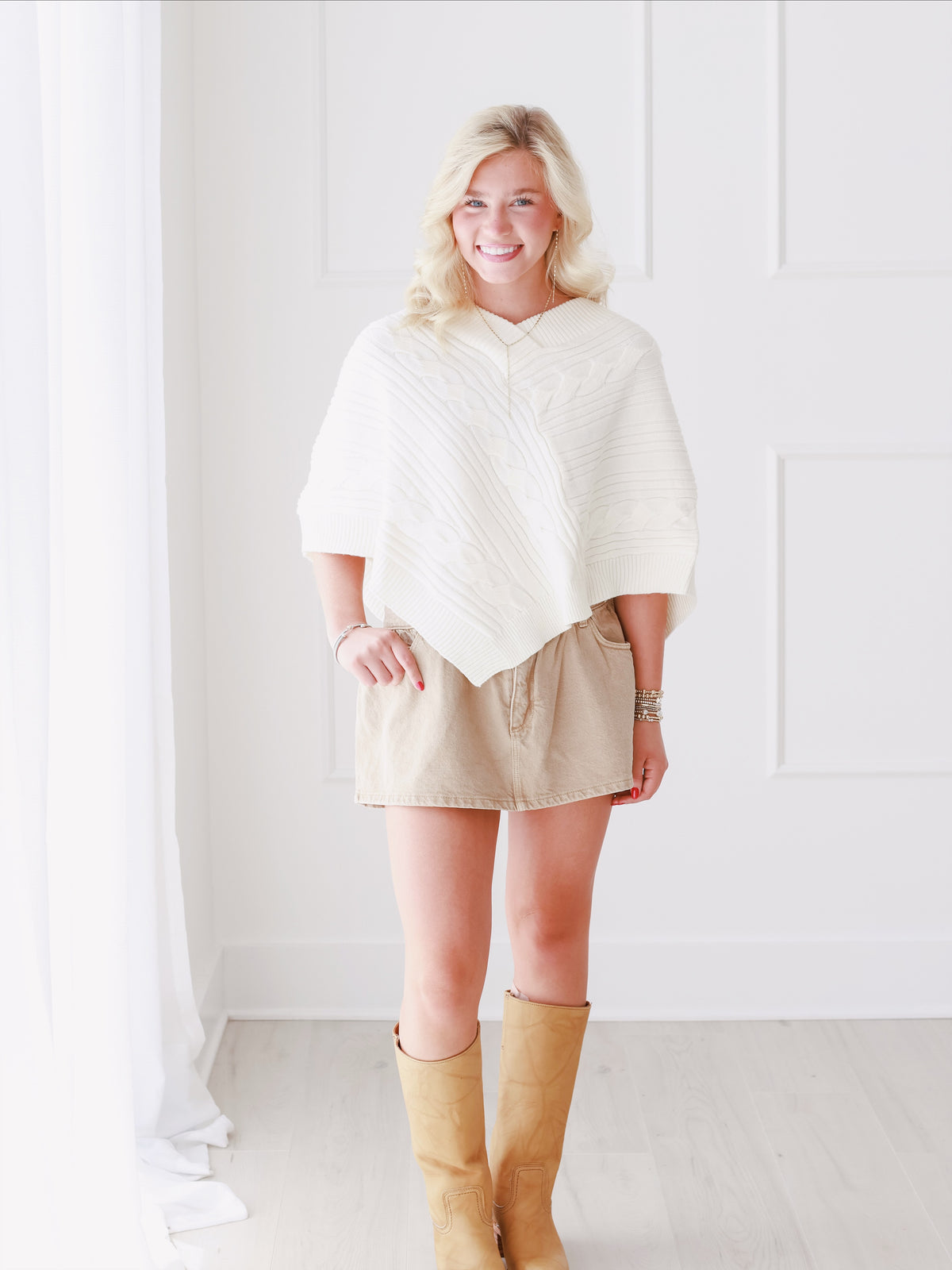 V-Neck Cable Knit Sweater Poncho