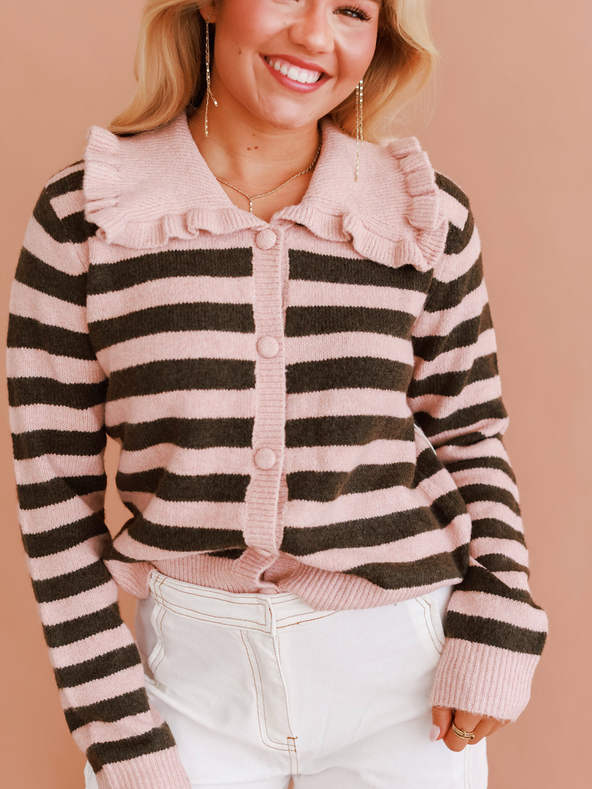 Knit Stripe Cardigan with Ruffled Collar