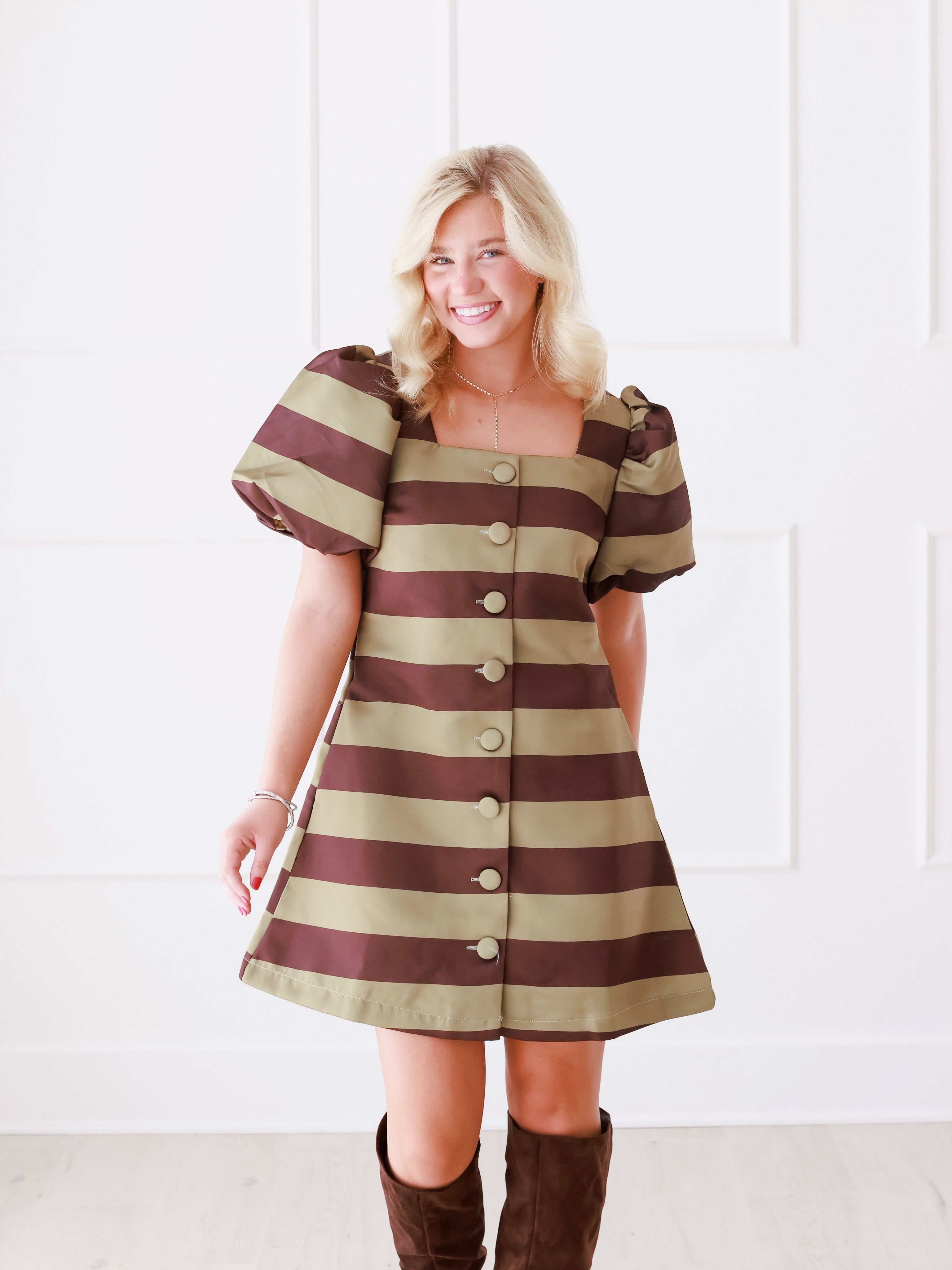 Brown & Olive Stripe Cocktail Dress