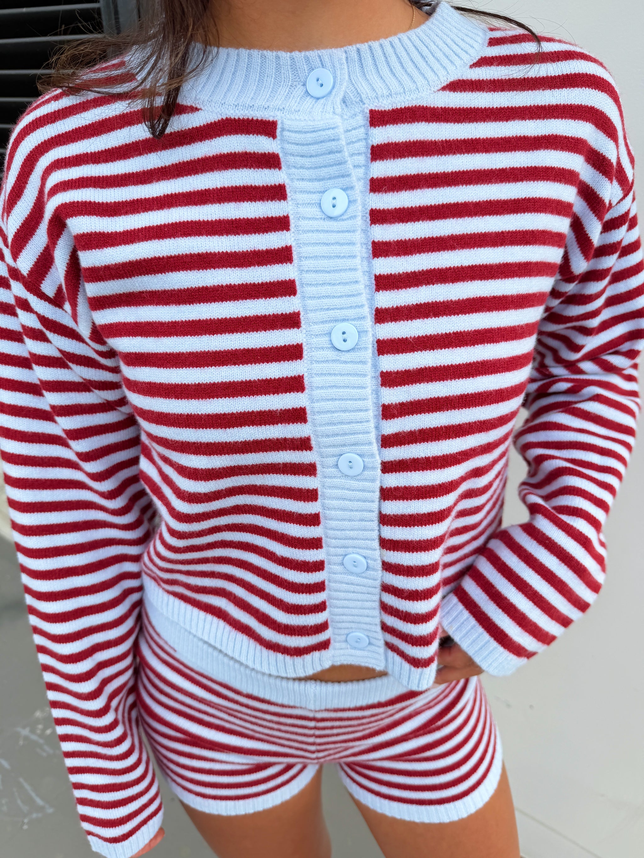 Red & Blue Knit Striped Set- Shorts