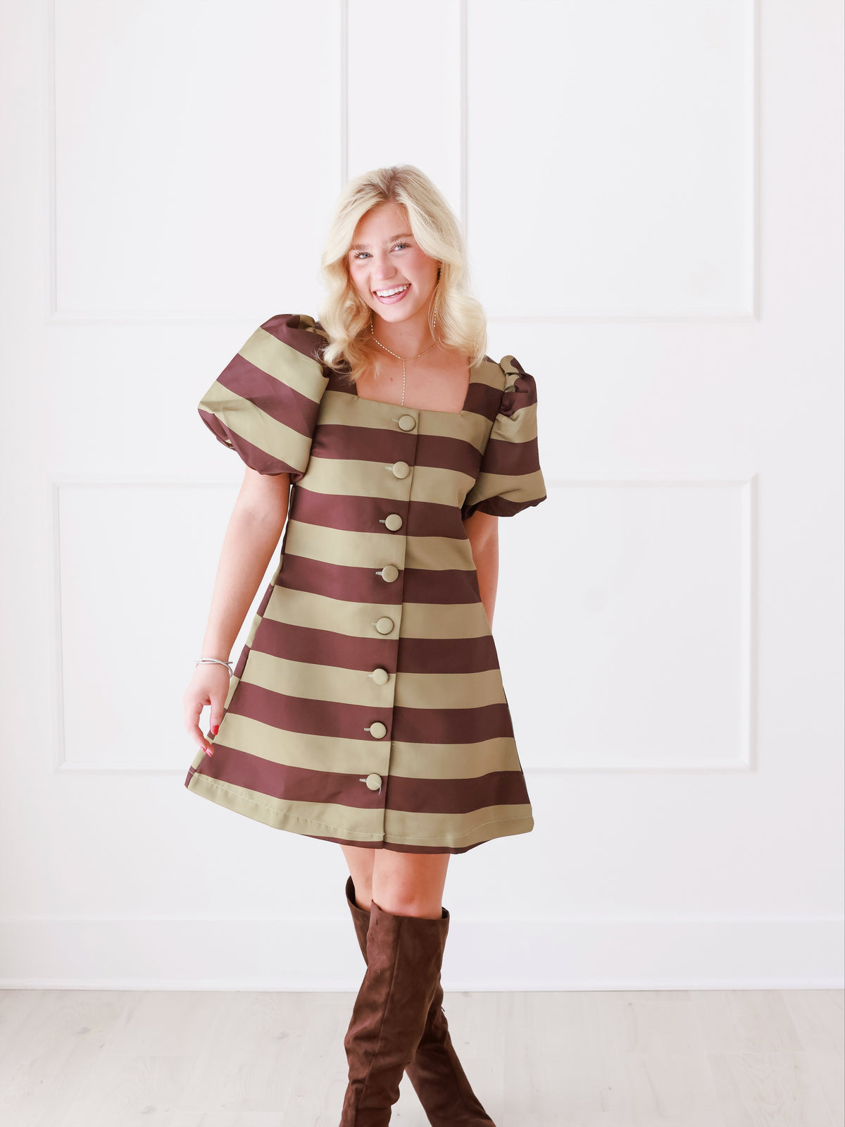 Brown & Olive Stripe Cocktail Dress