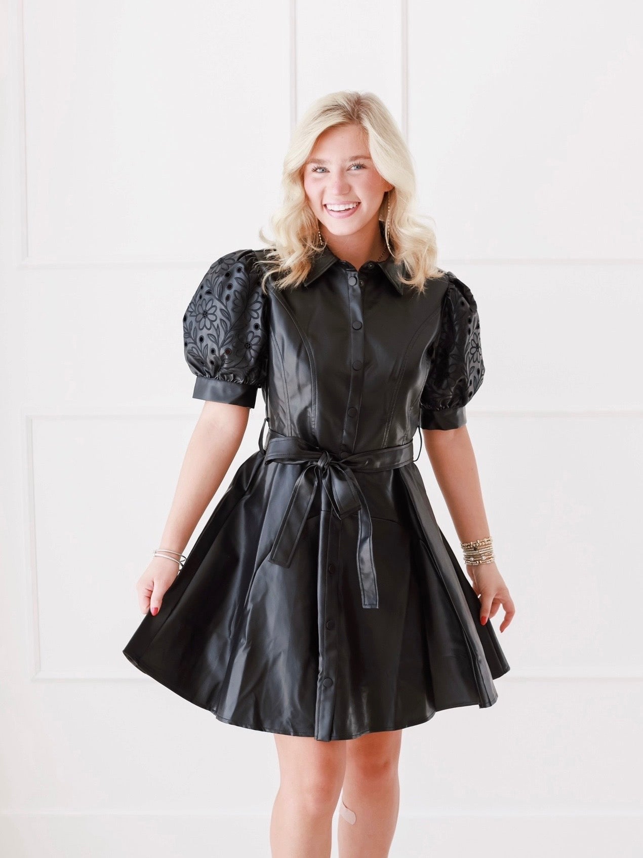 Leather Eyelet Detailed Mini Dress