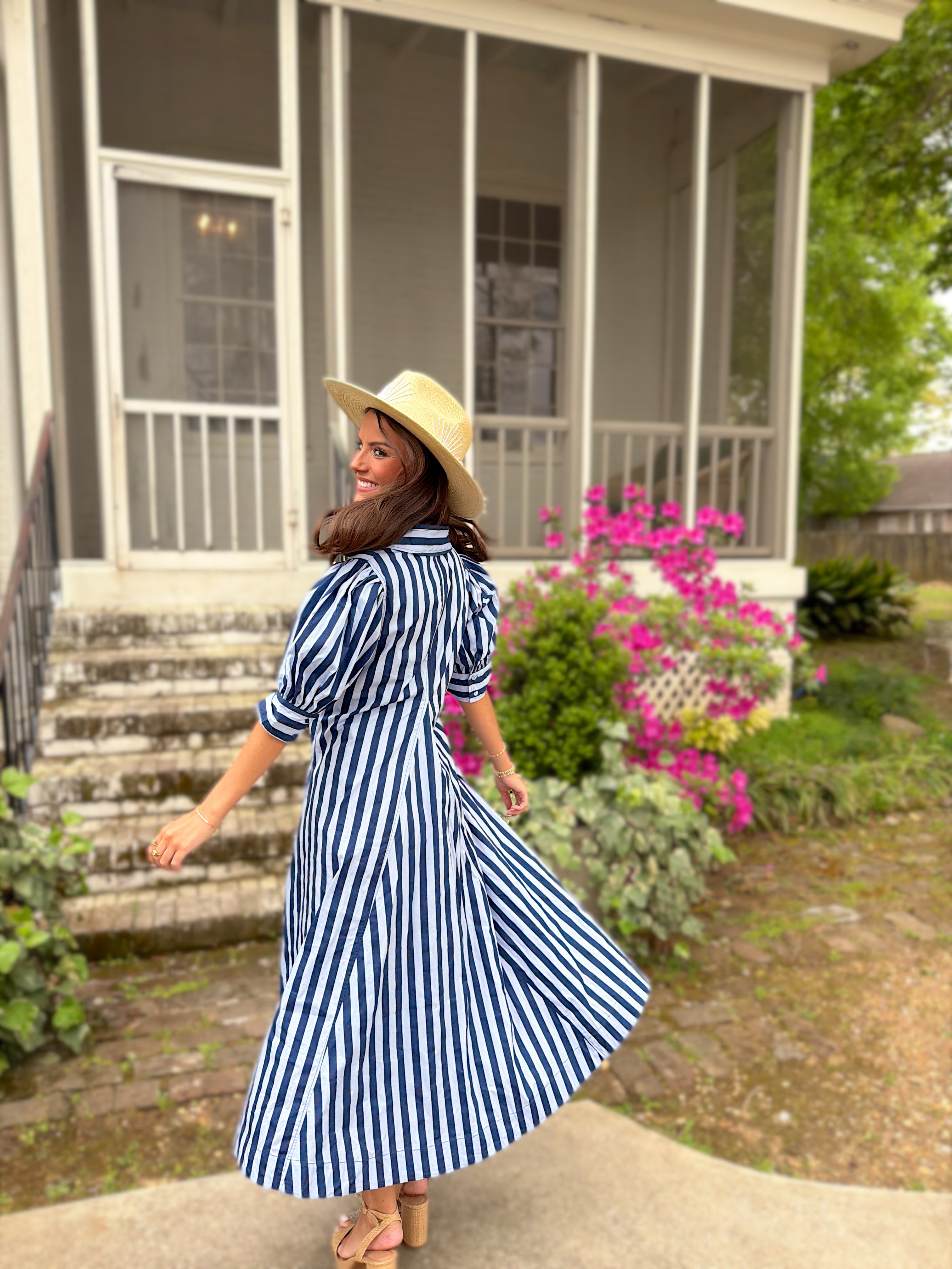 Baby Blue & Navy Striped Maxi Dress
