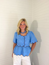 Load image into Gallery viewer, Scallop Trim Top - Blue And Brown