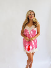 Load image into Gallery viewer, Pink Sequin Lace Mini Dress