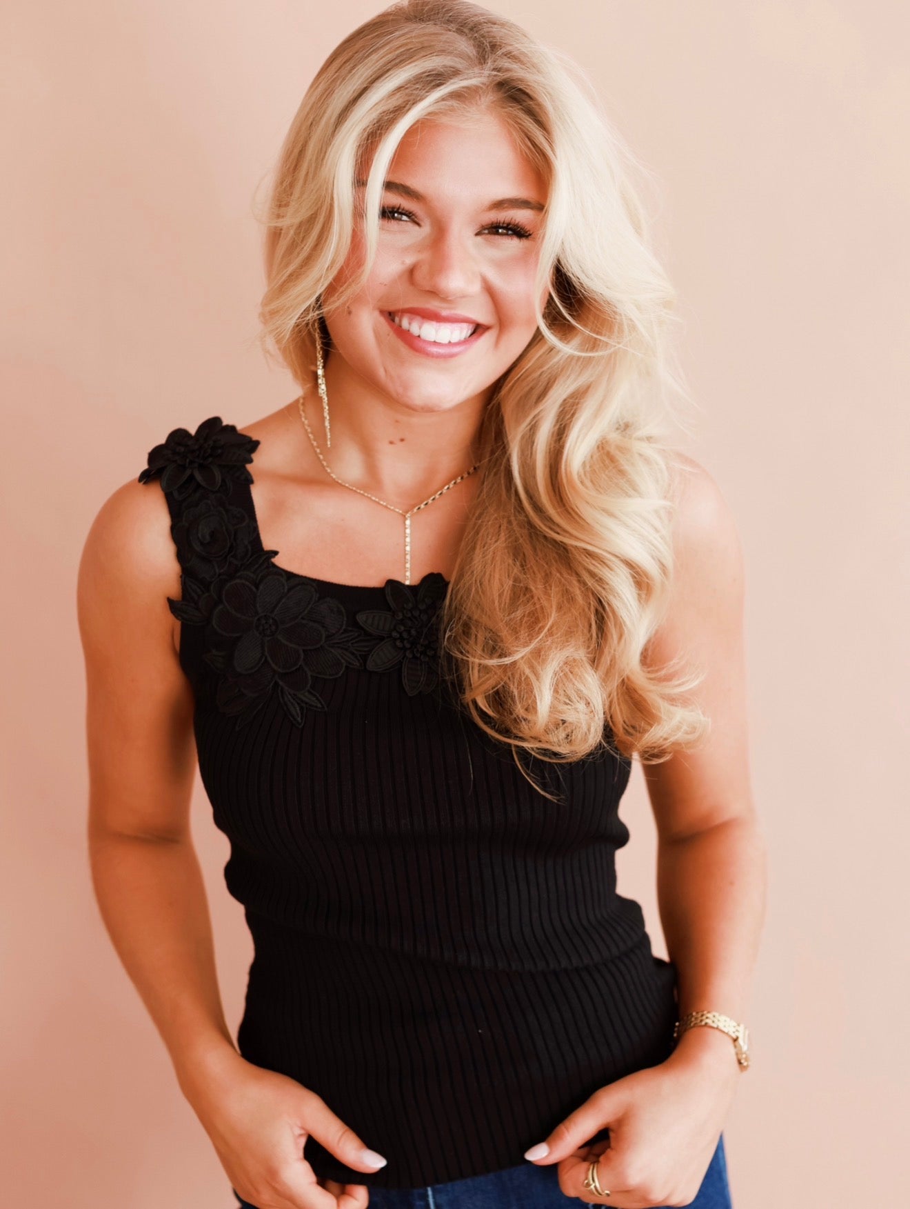Floral Appliqué Knit Tank- Black