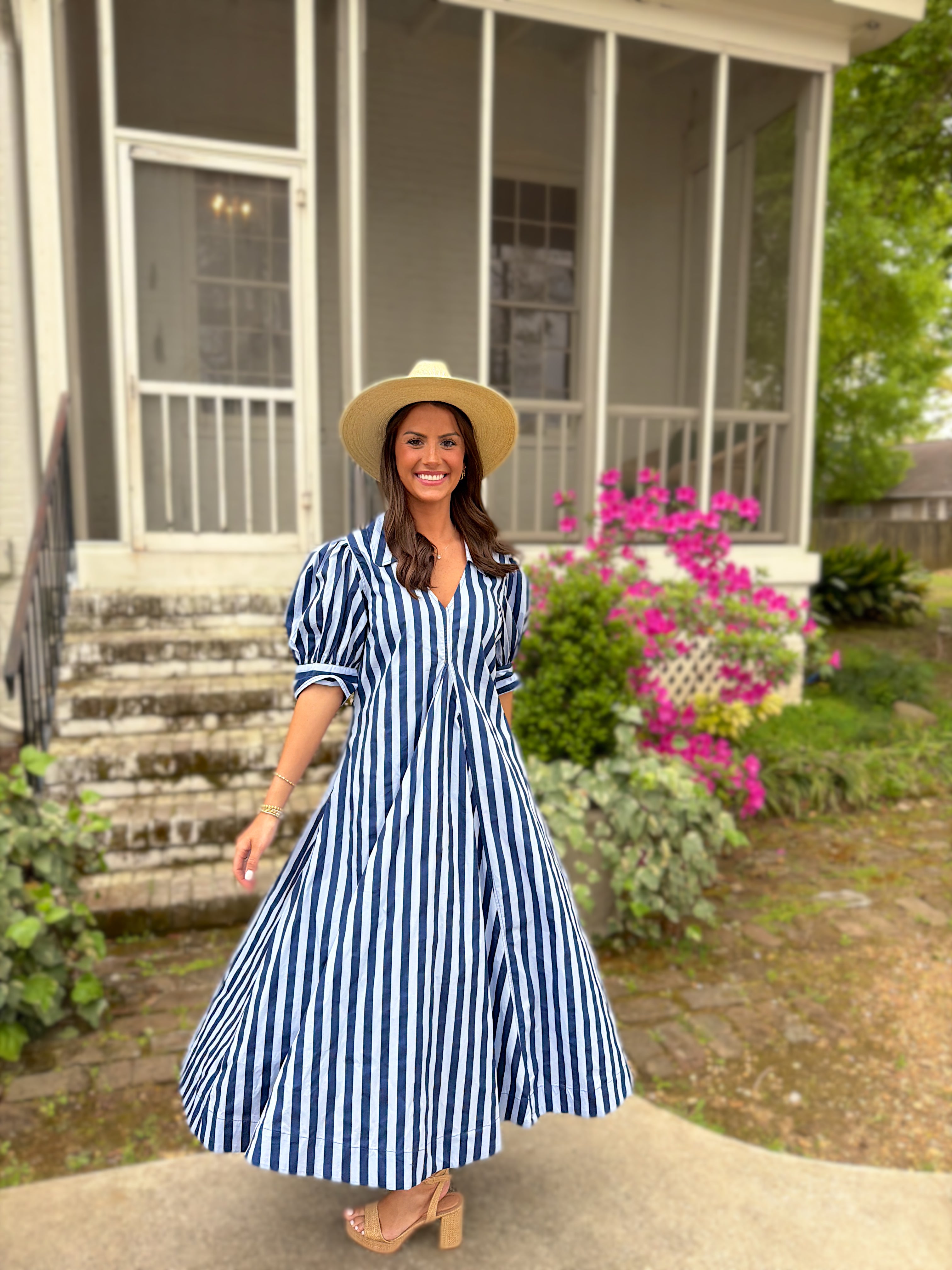 Baby Blue & Navy Striped Maxi Dress