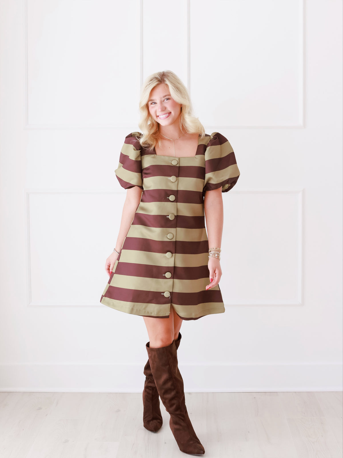 Brown & Olive Stripe Cocktail Dress