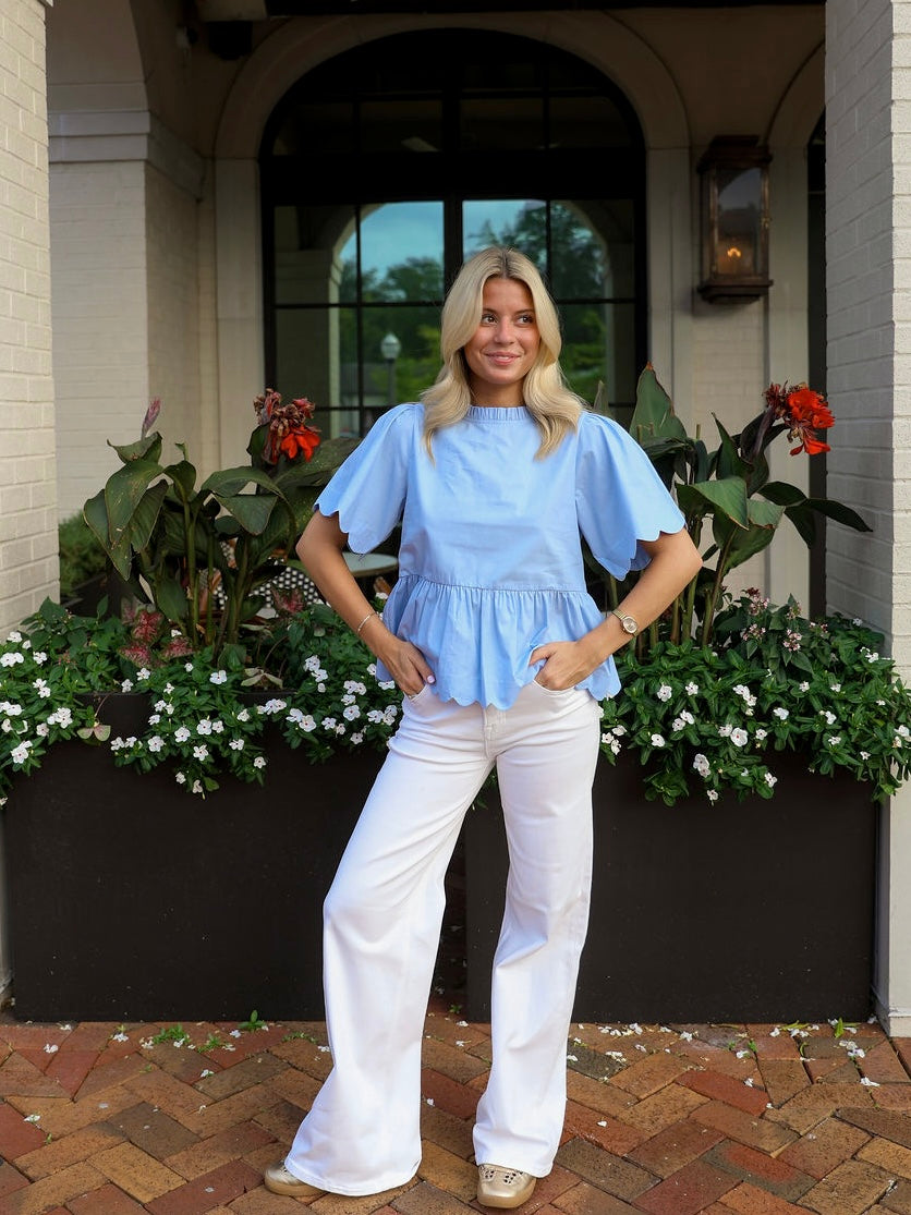 Sally Scalloped Top- Baby Blue