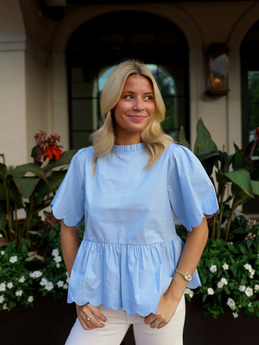 Sally Scalloped Top- Baby Blue