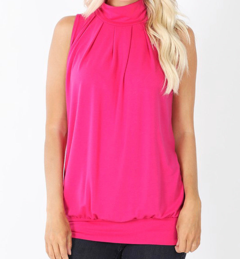 Hot Pink High Neck Pleated Tank